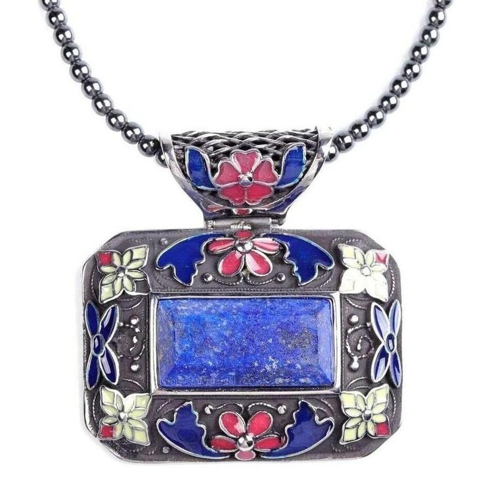Lapis lazuli pendant hematite necklace enamel Bo Ho chic artsy stainless steel